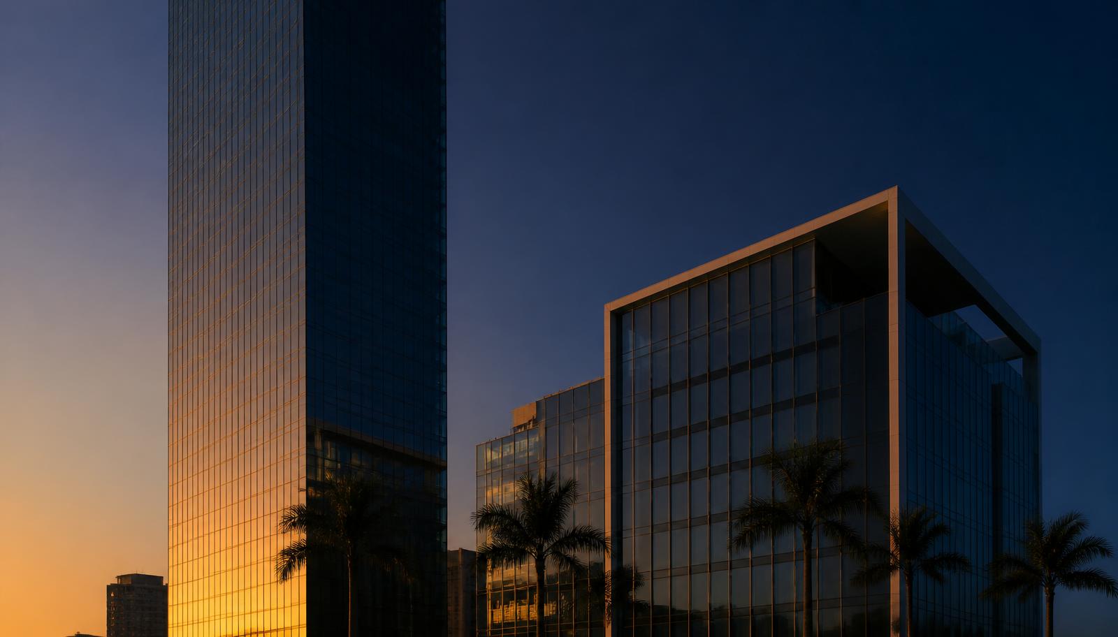 Arquitectura empresarial contemporánea en Miami al atardecer