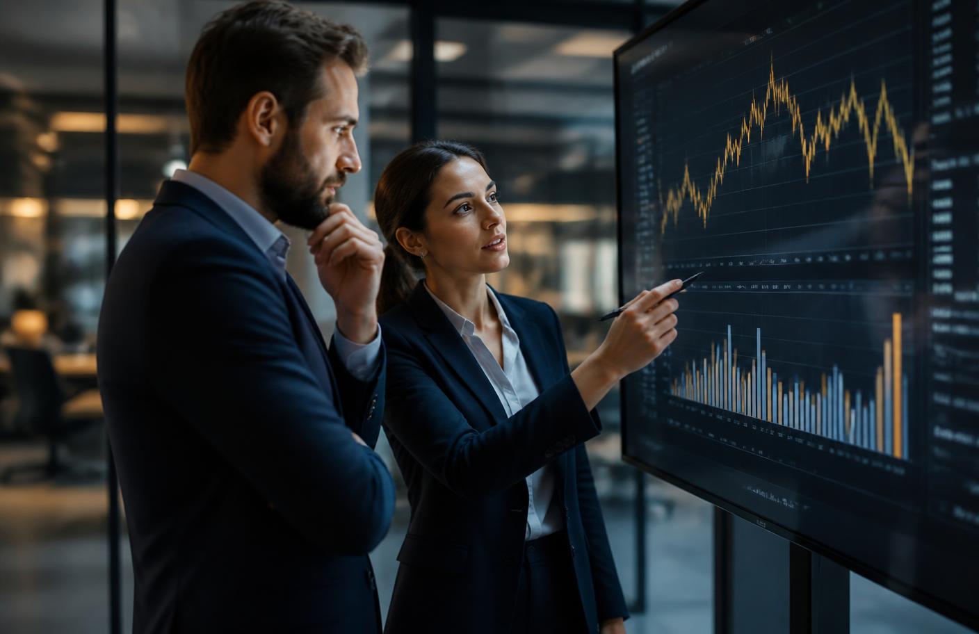 Equipo analizando gráficas financieras en una pantalla